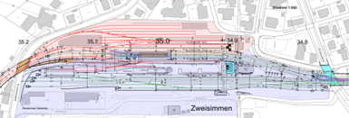 Rapports de propriété complexes de la gare commune de Zweisimmen du MOB (rouge) et du BLS (bleu) ainsi que des voies de changement d’écartement 6/7 (ha-churées)